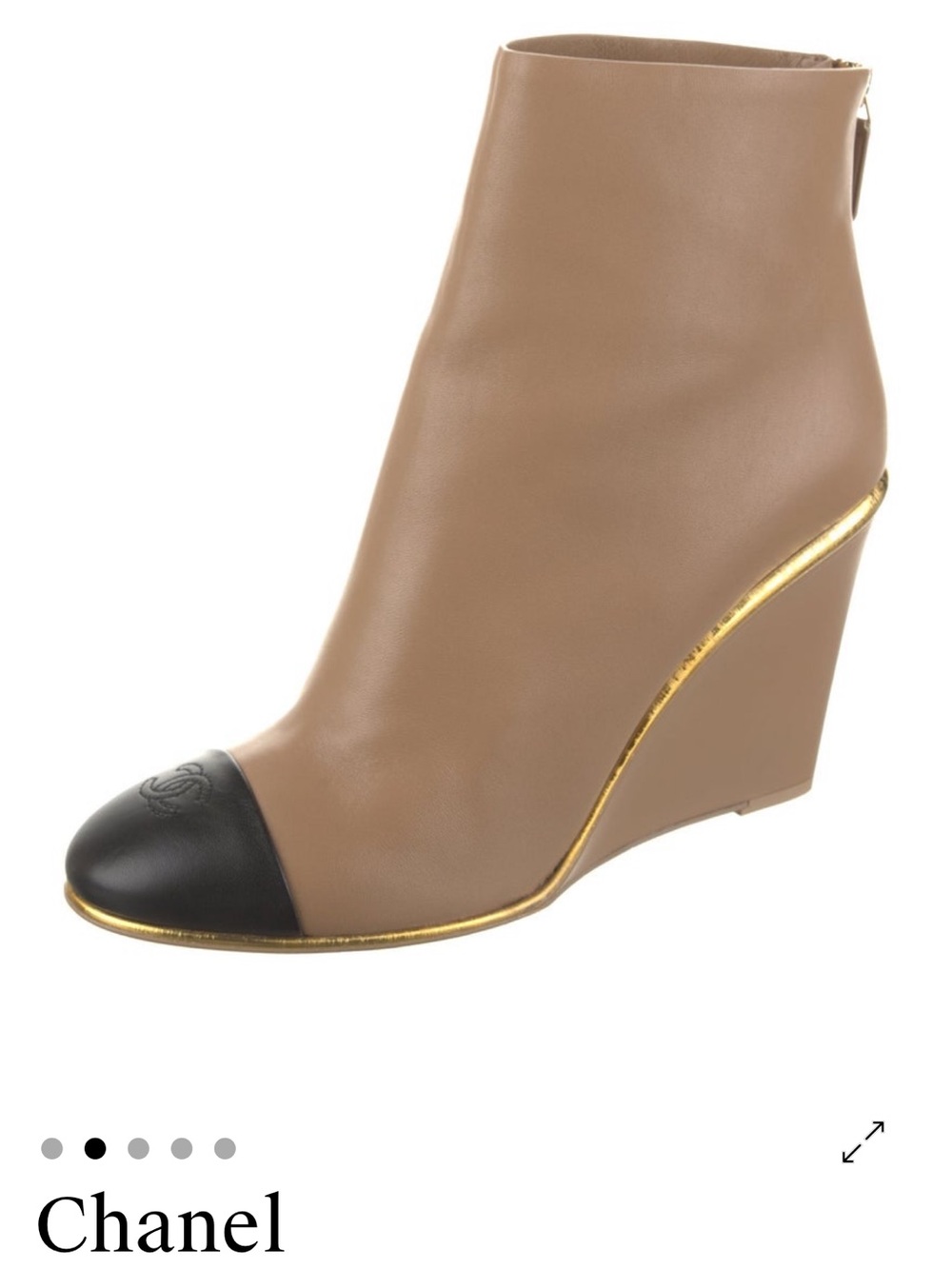 CHANEL Tan and Black Leather Wedge Ankle Boot with Gold Trim